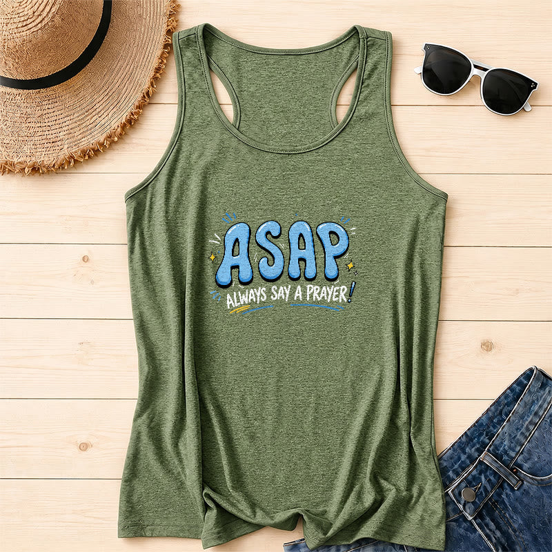 Christianartworkshop Cartoon Bubble Large ASAP Letter Small Star Spark Accent Always Say A Prayer Racerback Tank Top - Verde oliva - 2XL - image 10