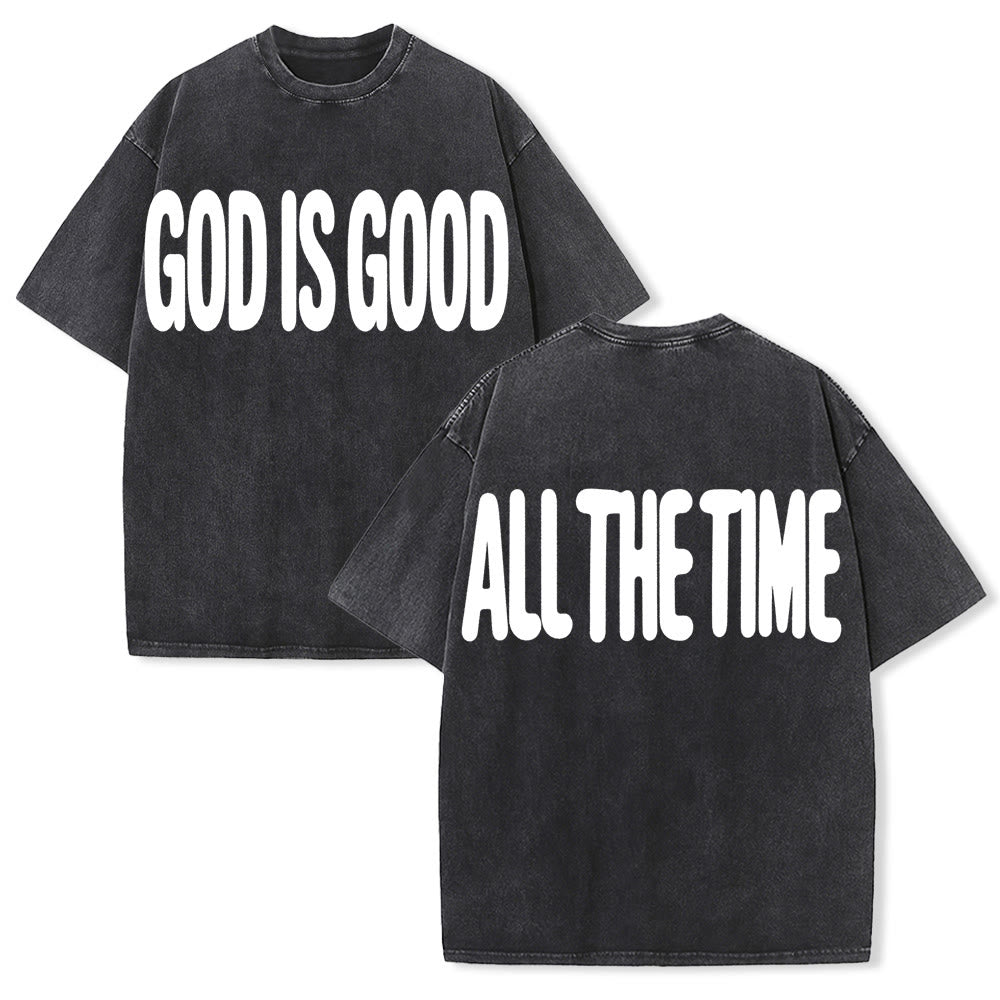 Christianartworkshop Maglietta oversize a due lati con la scritta "GOD IS GOOD" (Dio è buono) sul davanti e "ALL THE TIME" (Sempre) sul retro, con testo semplice e in grassetto, effetto vintage lavato. - Nero - 5XL - image 0
