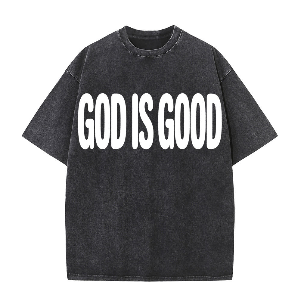 Christianartworkshop Maglietta oversize a due lati con la scritta "GOD IS GOOD" (Dio è buono) sul davanti e "ALL THE TIME" (Sempre) sul retro, con testo semplice e in grassetto, effetto vintage lavato. - image 1