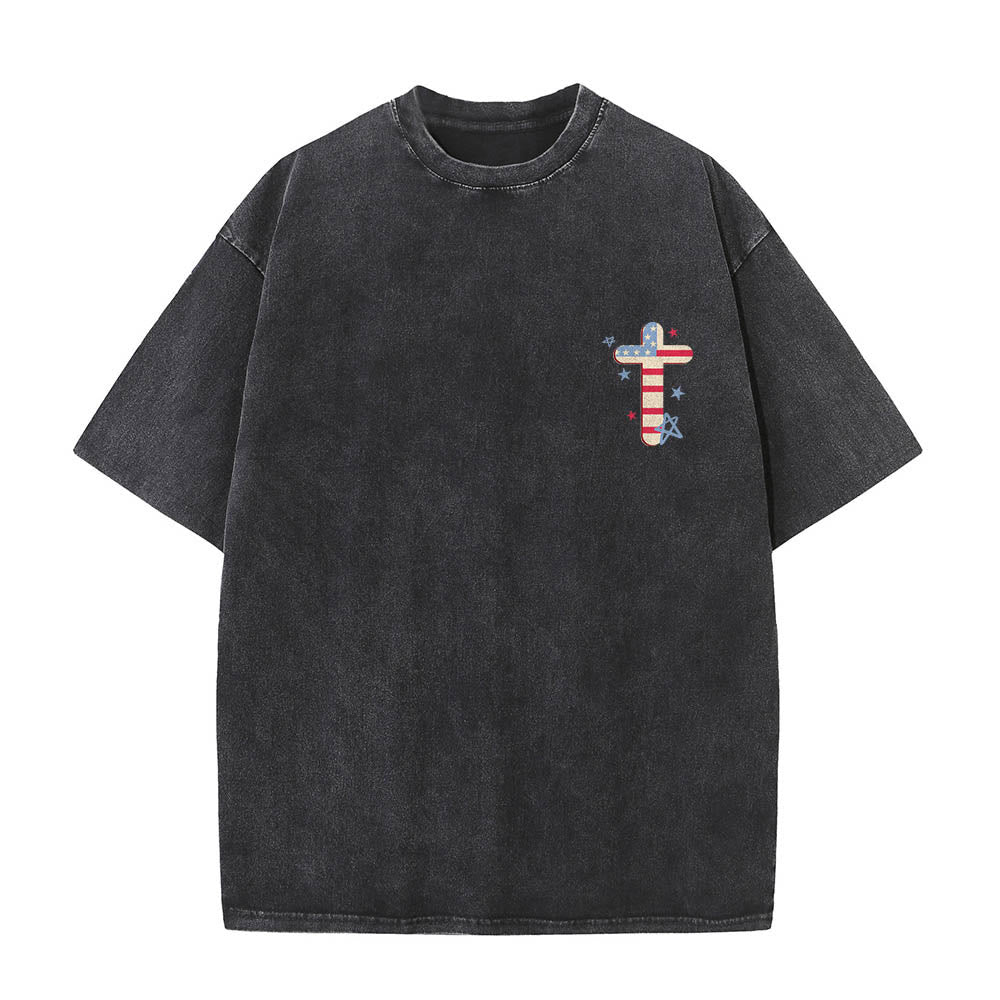 Christianartworkshop Maglietta vintage lavata con stampa doppia "Stars & Stripes Jesus Christ Patriotic Flag Cross Mini Front Chest Multi Color Curly Letter Back Dual Print Vintage Washed T-shirt" - image 1