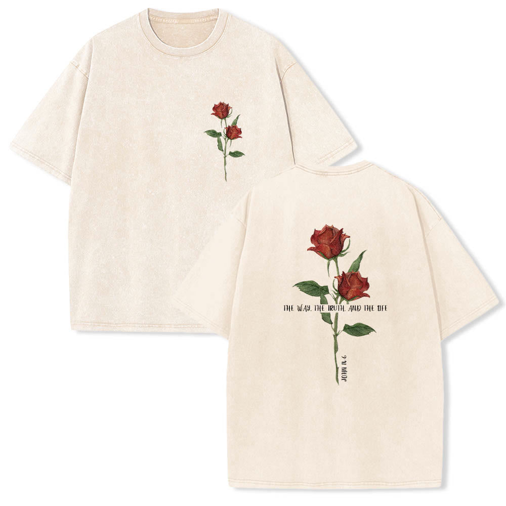 Christianartworkshop Maglietta vintage lavata con stampa doppia "Due steli di rose rosse ad acquerello, La via, la verità e la vita" - Beige - 5XL - image 0
