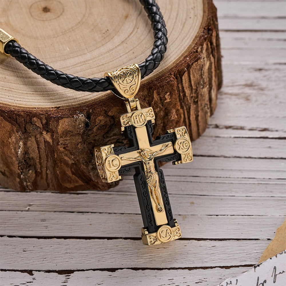 Collana con ciondolo a forma di crocifisso di Gesù in lega nera e oro, stile lussuoso, Christianartworkshop. - Nero - image 0