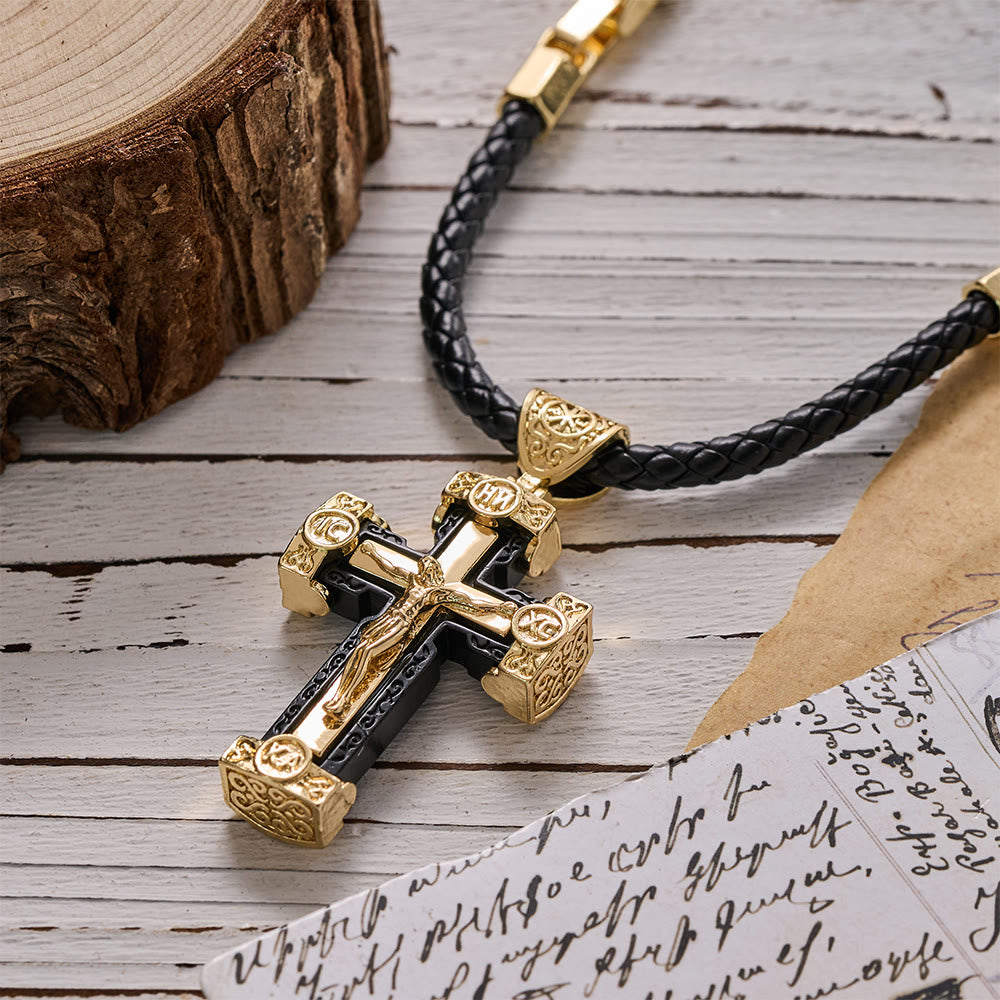 Collana con ciondolo a forma di crocifisso di Gesù in lega nera e oro, stile lussuoso, Christianartworkshop. - image 1