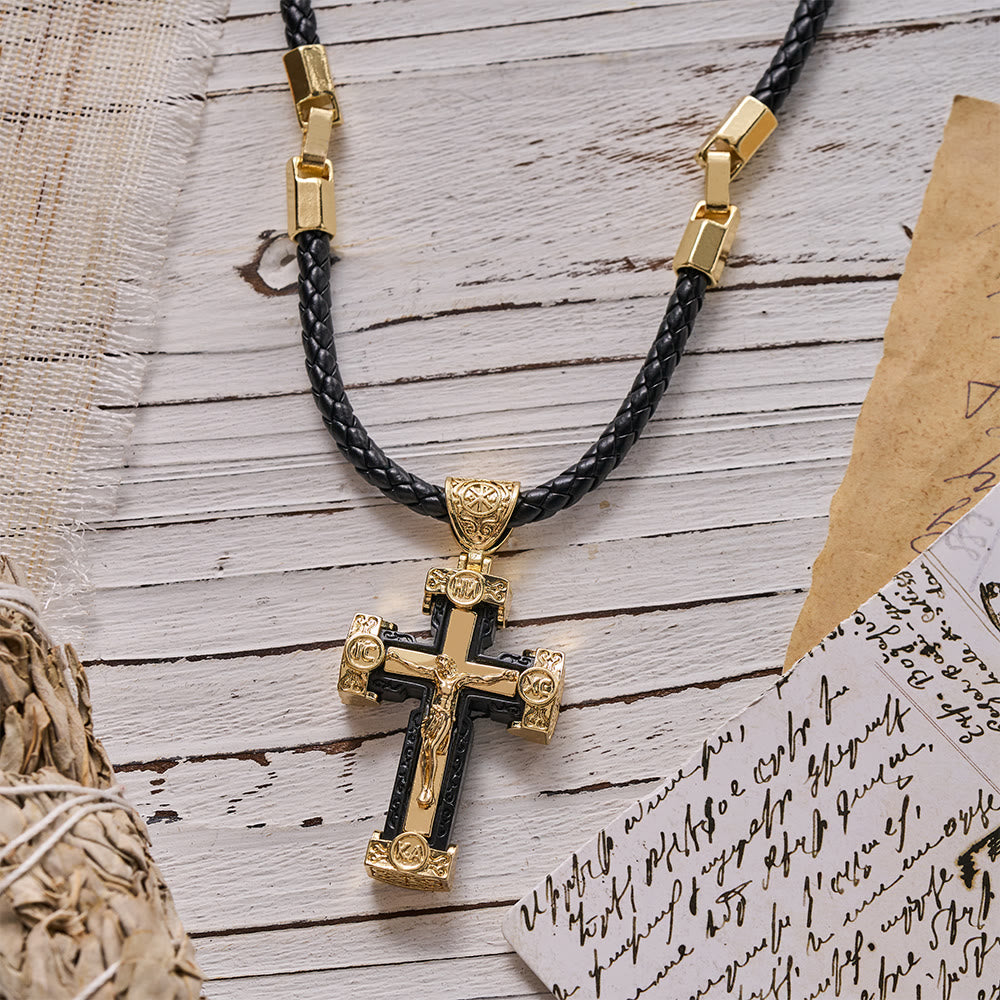 Collana con ciondolo a forma di crocifisso di Gesù in lega nera e oro, stile lussuoso, Christianartworkshop. - image 3