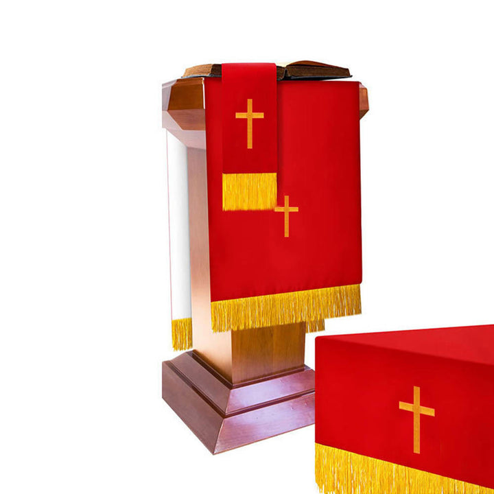 Christianartworkshop Set completo di paramenti sacri per la chiesa: runner da tavola, copritavolo per il leggio e segnalibro per la Bibbia in rosso e bianco - Rosso e bianco - image 2