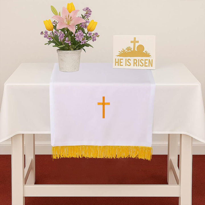 Christianartworkshop Set completo di paramenti sacri per la chiesa: runner da tavola, copritavolo per il leggio e segnalibro per la Bibbia in rosso e bianco - image 11