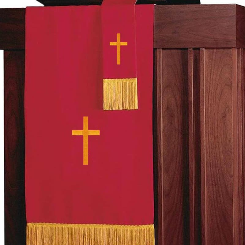 Christianartworkshop Set completo di paramenti sacri per la chiesa: runner da tavola, copritavolo per il leggio e segnalibro per la Bibbia in rosso e bianco - image 3