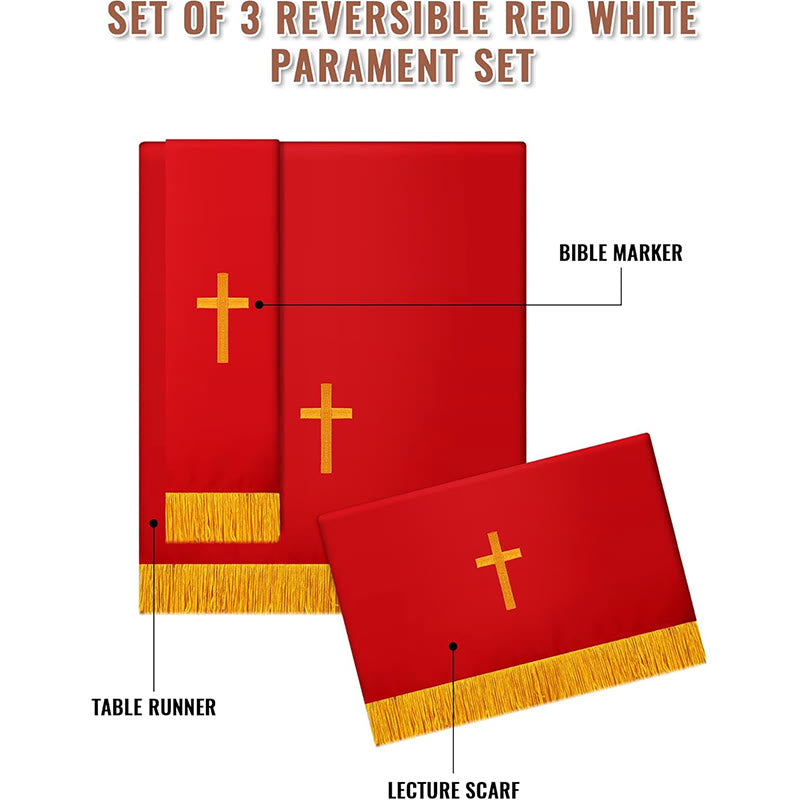 Christianartworkshop Set completo di paramenti sacri per la chiesa: runner da tavola, copritavolo per il leggio e segnalibro per la Bibbia in rosso e bianco - image 14