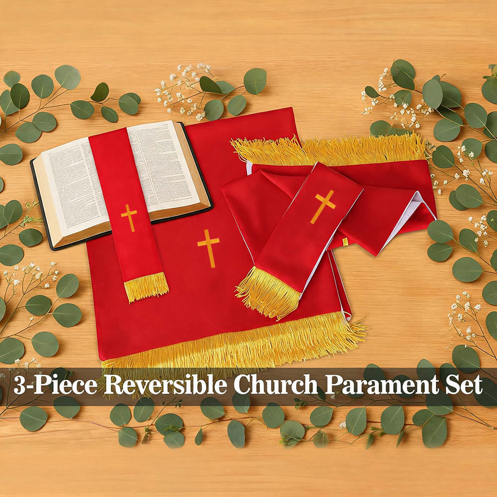 Christianartworkshop Set completo di paramenti sacri per la chiesa: runner da tavola, copritavolo per il leggio e segnalibro per la Bibbia in rosso e bianco - image 8