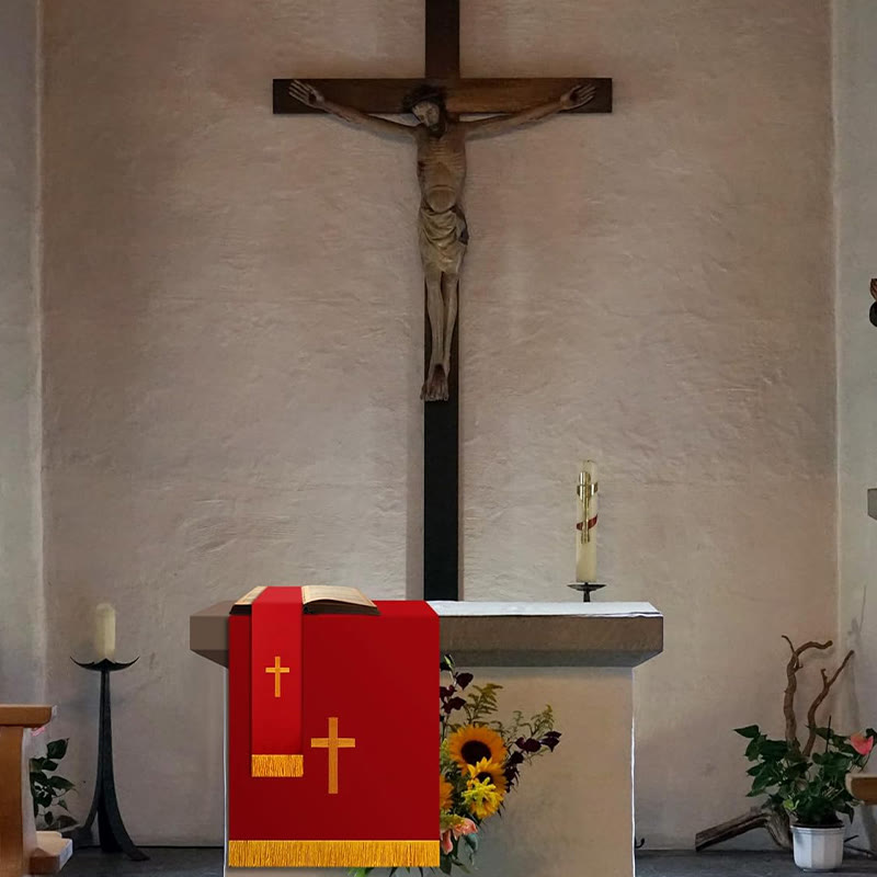 Christianartworkshop Set completo di paramenti sacri per la chiesa: runner da tavola, copritavolo per il leggio e segnalibro per la Bibbia in rosso e bianco - image 1