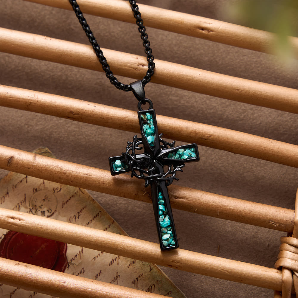 Christianartworkshop Collana con croce di spine intarsiata in turchese frantumato, stile boemo occidentale: emblema senza tempo di dolce protezione celeste. - image 4