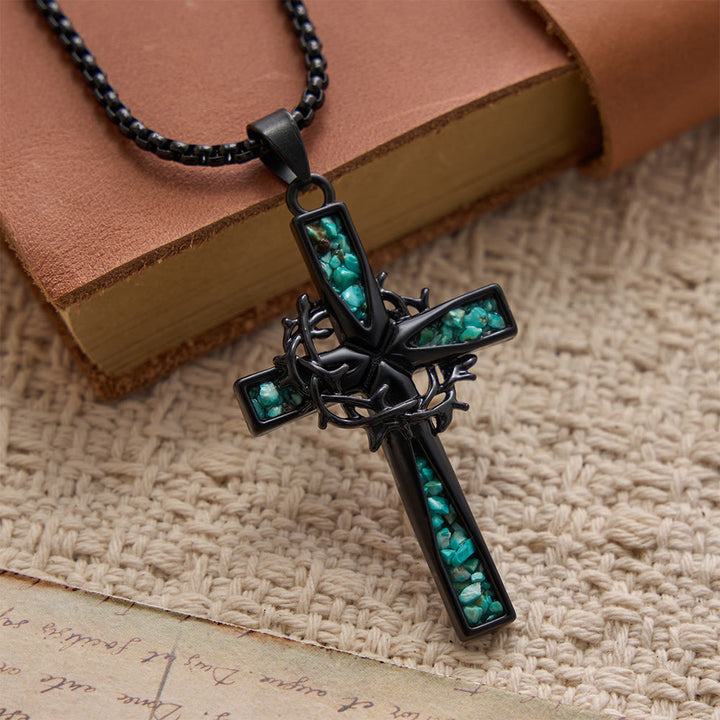 Christianartworkshop Collana con croce di spine intarsiata in turchese frantumato, stile boemo occidentale: emblema senza tempo di dolce protezione celeste. - Attraverso - image 0