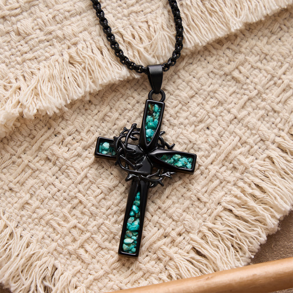 Christianartworkshop Collana con croce di spine intarsiata in turchese frantumato, stile boemo occidentale: emblema senza tempo di dolce protezione celeste. - image 1