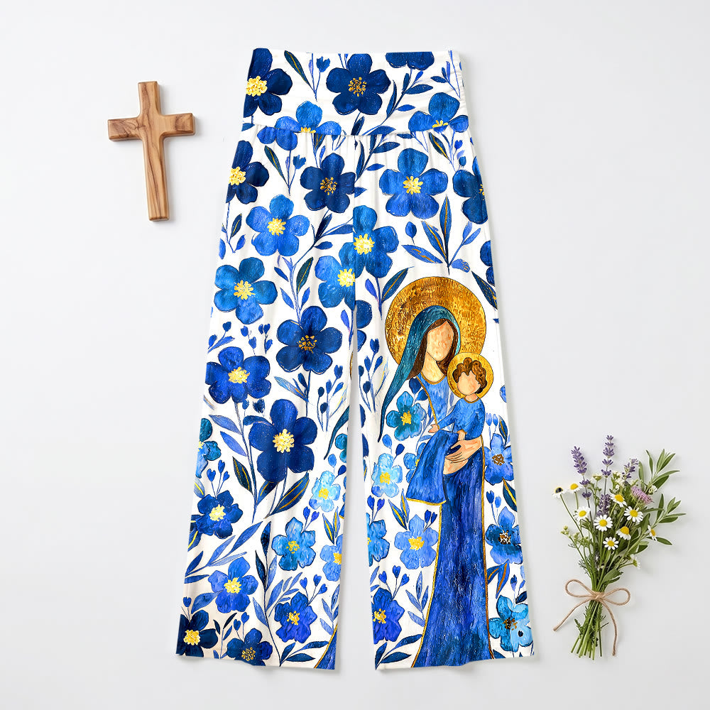 Christianartworkshop Pantaloni a gamba larga a vita alta con stampa floreale ad acquerello della Vergine Maria e del Bambino, con risvolto ripiegabile. - US22,UK/AU26,EU54 (6XL) - image 0