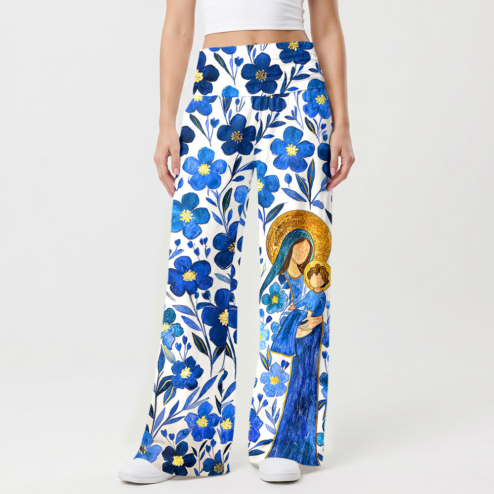 Christianartworkshop Pantaloni a gamba larga a vita alta con stampa floreale ad acquerello della Vergine Maria e del Bambino, con risvolto ripiegabile. - image 1
