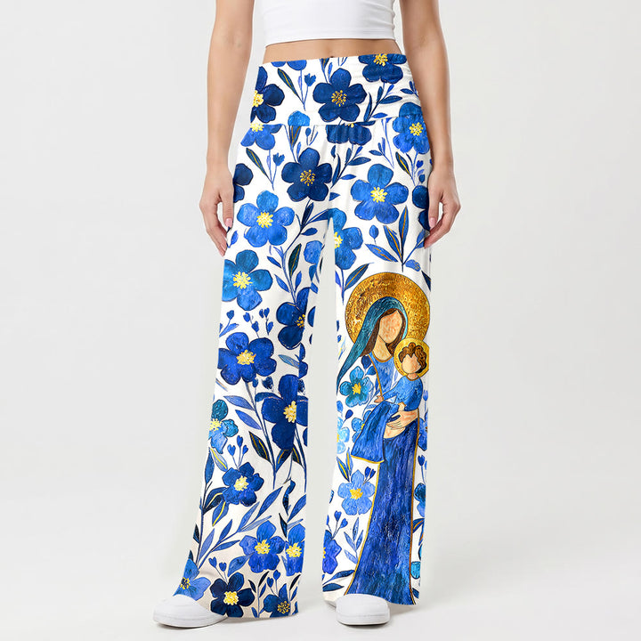 Christianartworkshop Pantaloni a gamba larga a vita alta con stampa floreale ad acquerello della Vergine Maria e del Bambino, con risvolto ripiegabile. - image 1