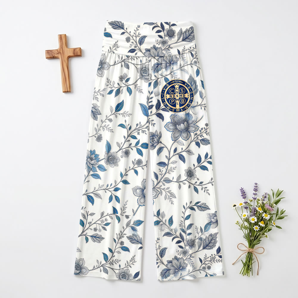 Christianartworkshop Pantaloni vintage a vita alta e gamba larga con motivo floreale a tralci blu e grigi e decorazione a croce con medaglione. - US22, UK/AU26, EU54 (6XL) - image 0