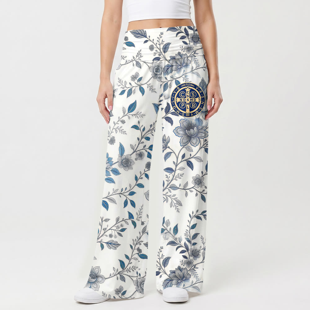 Christianartworkshop Pantaloni vintage a vita alta e gamba larga con motivo floreale a tralci blu e grigi e decorazione a croce con medaglione. - image 1