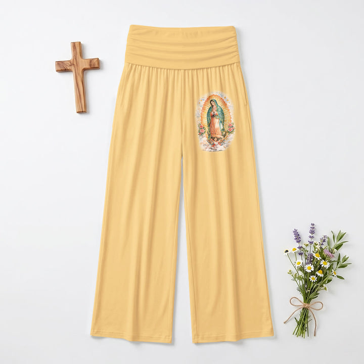 Christianartworkshop Pantaloni a gamba larga a vita alta con stampa del ritratto singolo della Madonna di Guadalupe, risvoltati. - Giallo - US22,UK/AU26,EU54 (6XL) - image 3