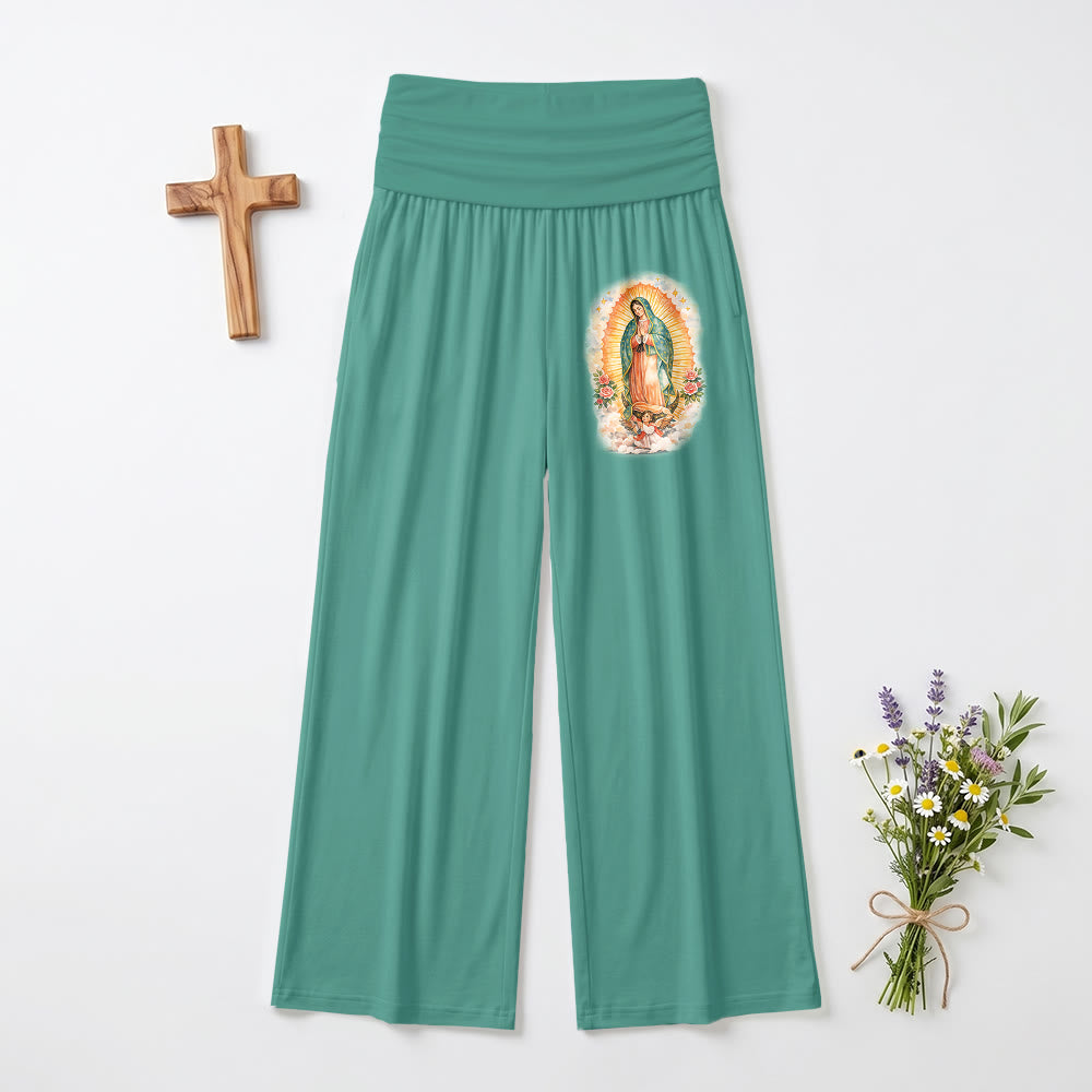 Christianartworkshop Pantaloni a gamba larga a vita alta con stampa del ritratto singolo della Madonna di Guadalupe, risvoltati. - Verde - US22,UK/AU26,EU54 (6XL) - image 0