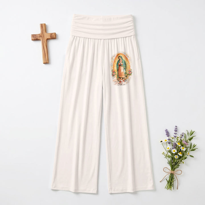 Christianartworkshop Pantaloni a gamba larga a vita alta con stampa del ritratto singolo della Madonna di Guadalupe, risvoltati. - Beige - US22,UK/AU26,EU54 (6XL) - image 6
