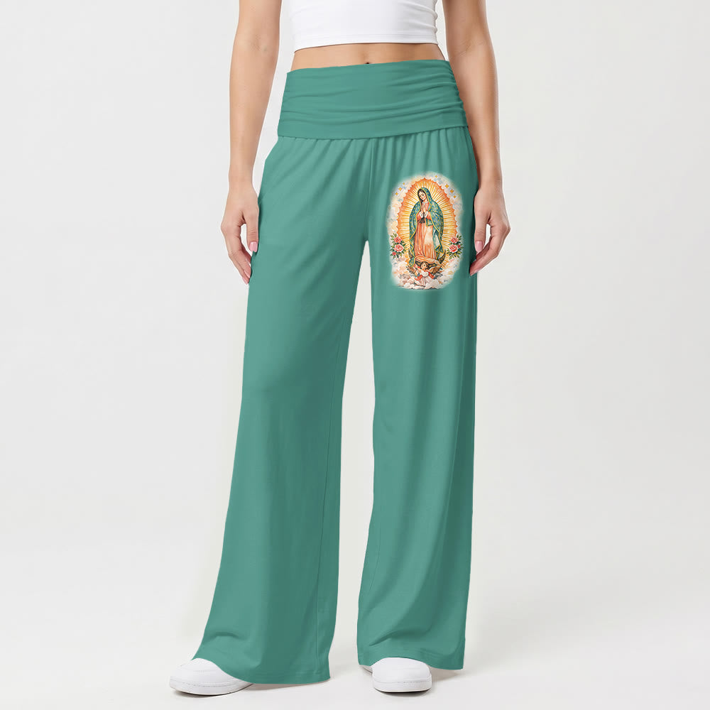 Christianartworkshop Pantaloni a gamba larga a vita alta con stampa del ritratto singolo della Madonna di Guadalupe, risvoltati. - image 1