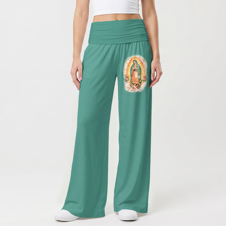 Christianartworkshop Pantaloni a gamba larga a vita alta con stampa del ritratto singolo della Madonna di Guadalupe, risvoltati. - image 1