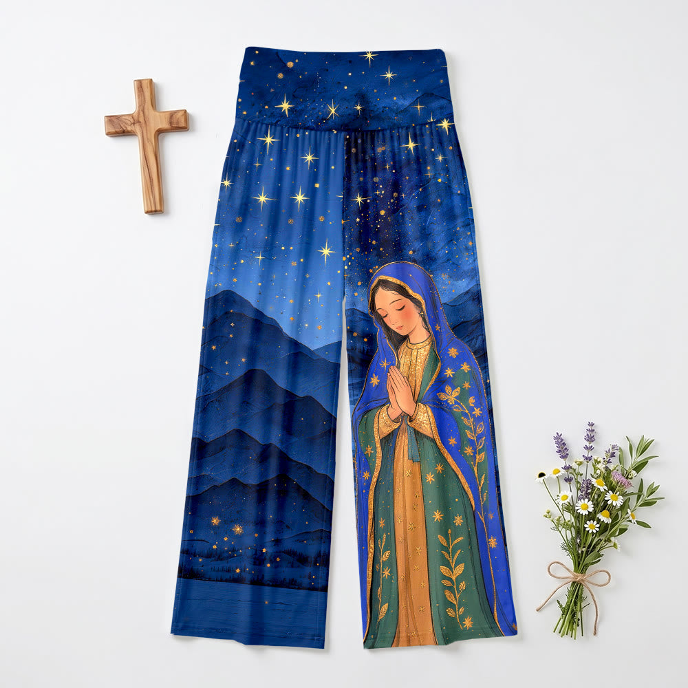 Christianartworkshop Paesaggio montano stellato, Vergine di Guadalupe, Maria, pantaloni a vita alta con gamba larga ripiegabili - US22,UK/AU26,EU54 (6XL) - image 0