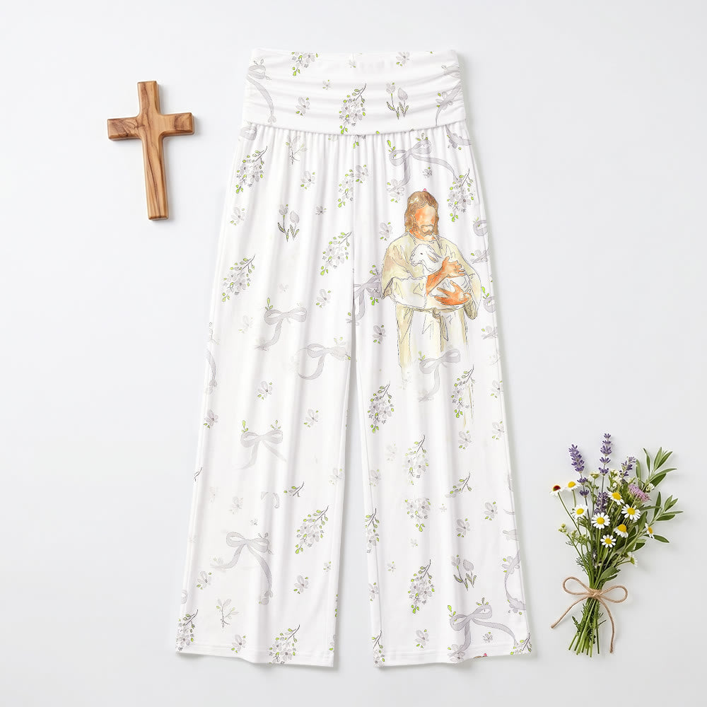 Christianartworkshop Pantaloni casual a gamba larga con motivo botanico "Fiocco" raffigurante Gesù il Buon Pastore - US22,UK/AU26,EU54 (6XL) - image 0