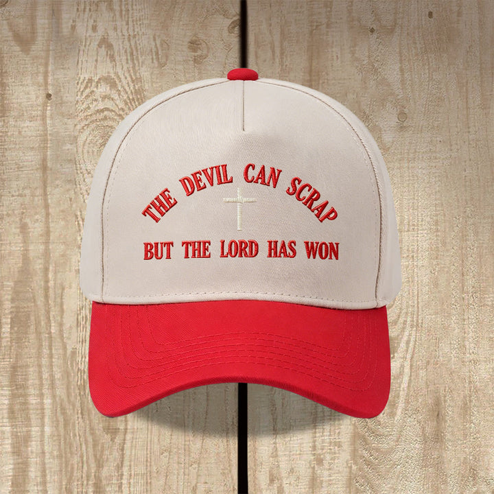 Christianartworkshop Ricamo con croce e motivo "IL DIAVOLO PUÒ SCATENARSI MA IL SIGNORE HA VINTO" - Cappellino da baseball lavato - Rosso - image 12