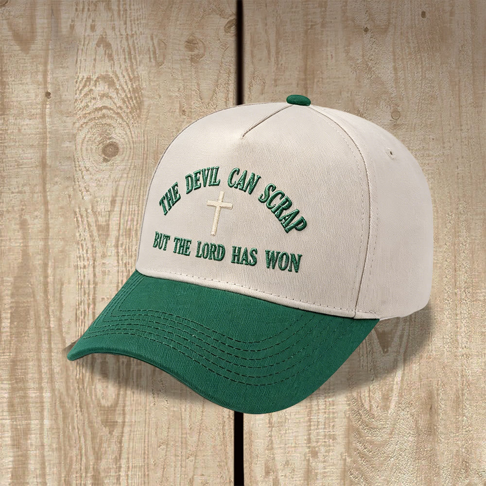 Christianartworkshop Ricamo con croce e motivo "IL DIAVOLO PUÒ SCATENARSI MA IL SIGNORE HA VINTO" - Cappellino da baseball lavato - image 1