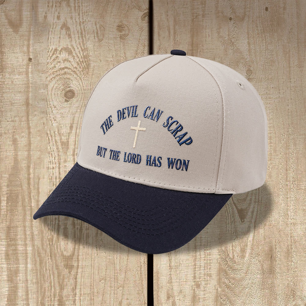 Christianartworkshop Ricamo con croce e motivo "IL DIAVOLO PUÒ SCATENARSI MA IL SIGNORE HA VINTO" - Cappellino da baseball lavato - image 3