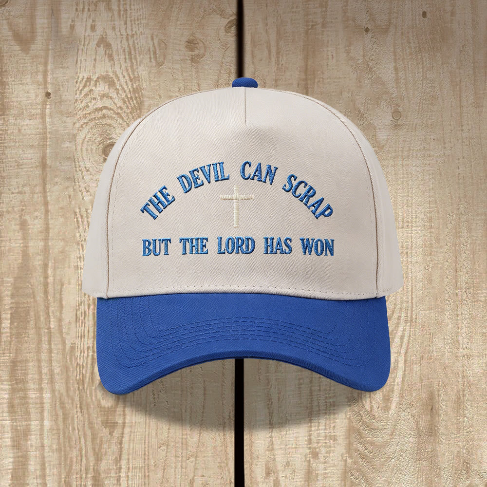 Christianartworkshop Ricamo con croce e motivo "IL DIAVOLO PUÒ SCATENARSI MA IL SIGNORE HA VINTO" - Cappellino da baseball lavato - Blu - image 14