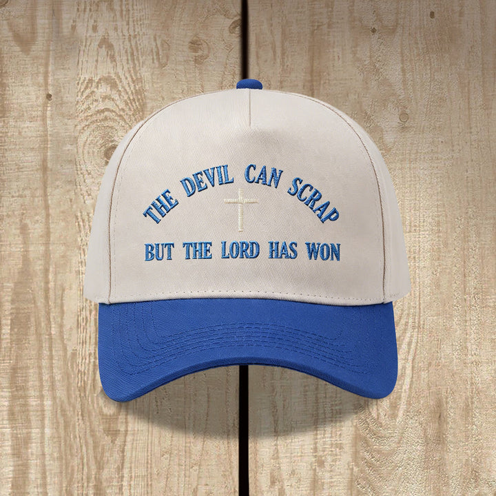 Christianartworkshop Ricamo con croce e motivo "IL DIAVOLO PUÒ SCATENARSI MA IL SIGNORE HA VINTO" - Cappellino da baseball lavato - Blu - image 14