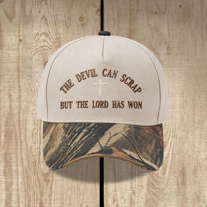 Christianartworkshop Ricamo con croce e motivo "IL DIAVOLO PUÒ SCATENARSI MA IL SIGNORE HA VINTO" - Cappellino da baseball lavato - Camuffare - image 10