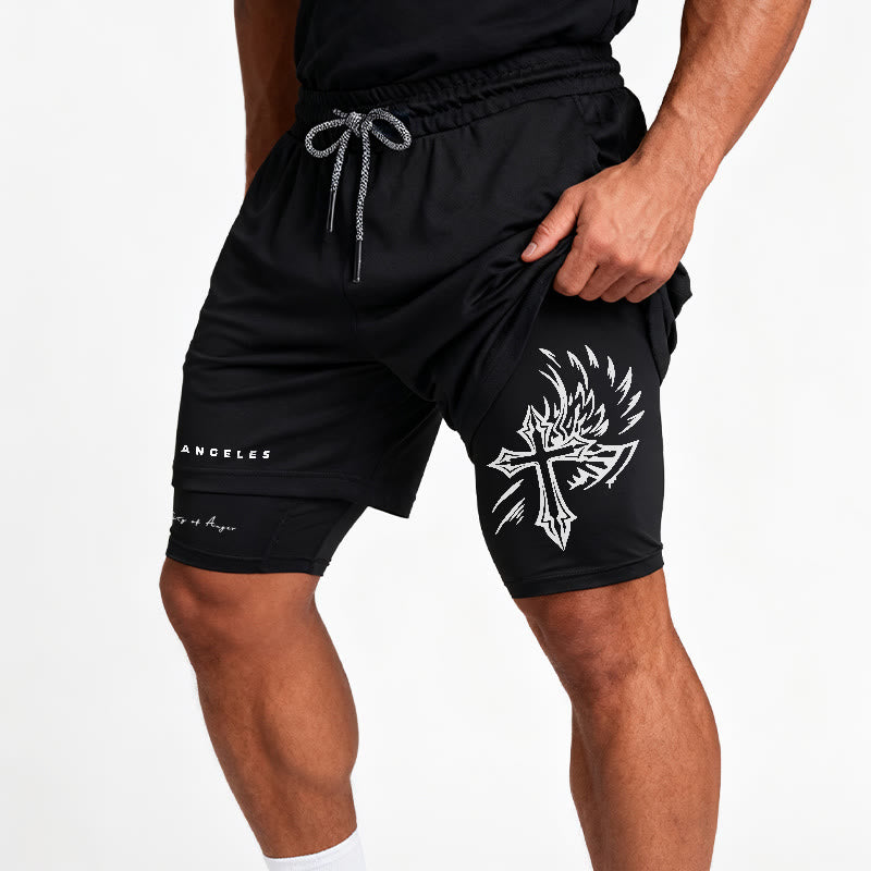 Christianartworkshop Los Angeles Letter Outer Flame Wing Cross City of Anger Hand Script Inner Two-Layer Drawstring Faith Shorts - image 2