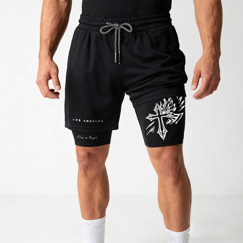 Christianartworkshop Los Angeles Letter Outer Flame Wing Cross City of Anger Hand Script Inner Two-Layer Drawstring Faith Shorts - image 1
