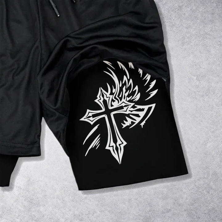 Christianartworkshop Los Angeles Letter Outer Flame Wing Cross City of Anger Hand Script Inner Two-Layer Drawstring Faith Shorts - image 4