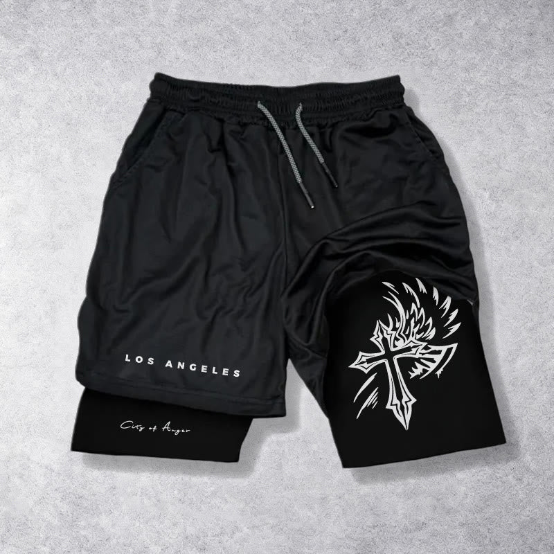 Christianartworkshop Los Angeles Letter Outer Flame Wing Cross City of Anger Hand Script Inner Two-Layer Drawstring Faith Shorts - Nero - 3XL - image 0