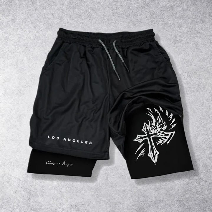 Christianartworkshop Los Angeles Letter Outer Flame Wing Cross City of Anger Hand Script Inner Two-Layer Drawstring Faith Shorts - Nero - 3XL - image 0