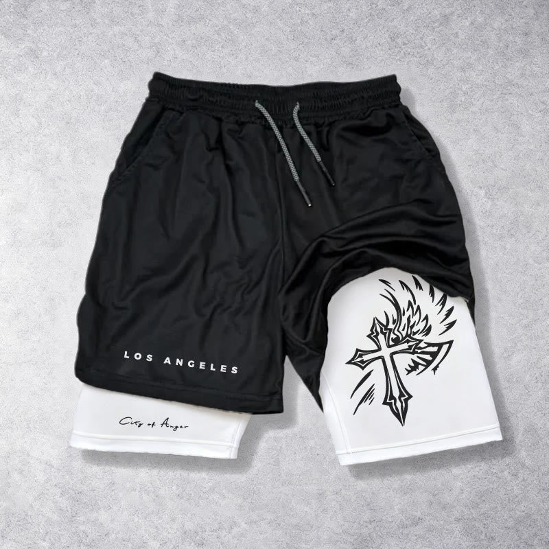 Christianartworkshop Los Angeles Letter Outer Flame Wing Cross City of Anger Hand Script Inner Two-Layer Drawstring Faith Shorts - Bianco - 3XL - image 5