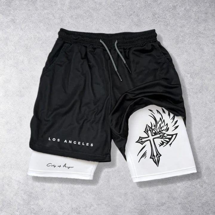 Christianartworkshop Los Angeles Letter Outer Flame Wing Cross City of Anger Hand Script Inner Two-Layer Drawstring Faith Shorts - Bianco - 3XL - image 5