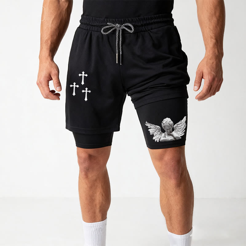 Christianartworkshop Tripla croce, scultura esterna di cherubino e angelo, pantaloncini interni a due strati con coulisse, tema fede. - image 2