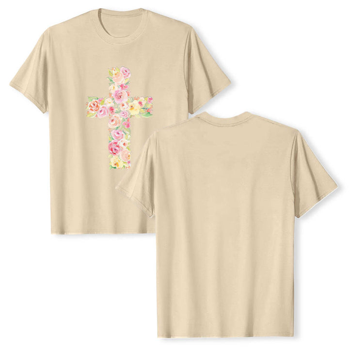 Christianartworkshop T-shirt classica con stampa singola e motivo floreale ad acquerello, incrocio sul davanti. - Beige - 2XL - image 18