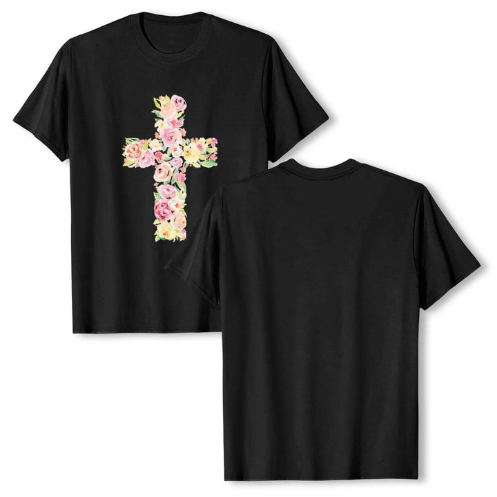 Christianartworkshop T-shirt classica con stampa singola e motivo floreale ad acquerello, incrocio sul davanti. - Nero - 2XL - image 6