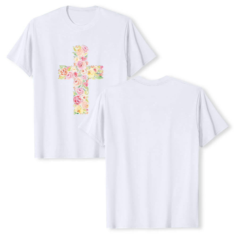 Christianartworkshop T-shirt classica con stampa singola e motivo floreale ad acquerello, incrocio sul davanti. - Bianco - 2XL - image 0