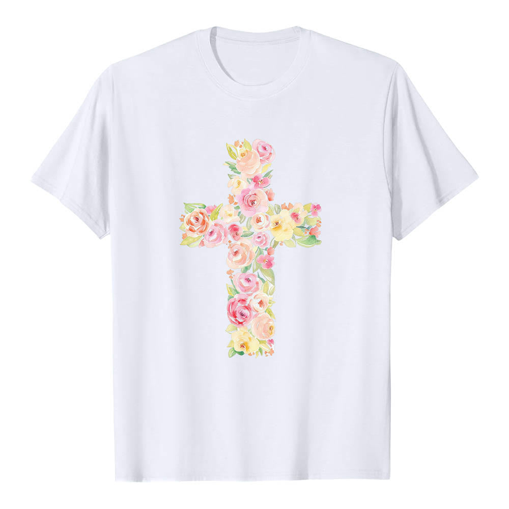 Christianartworkshop T-shirt classica con stampa singola e motivo floreale ad acquerello, incrocio sul davanti. - image 1