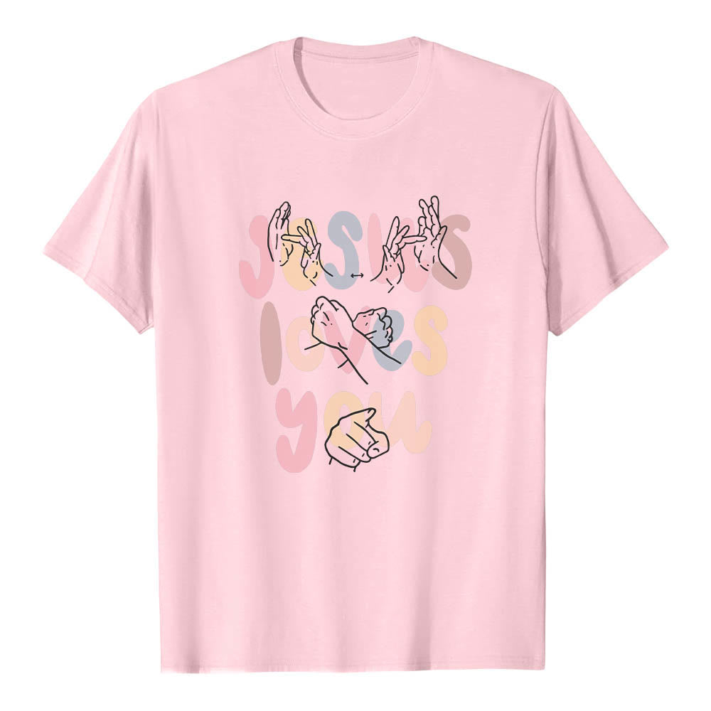 Christianartworkshop Maglietta classica con stampa frontale "Gesù ti ama" e scritta in lettere a bolle, linguaggio dei segni, disegno a mano libera. - Rosa - 2XL - image 24