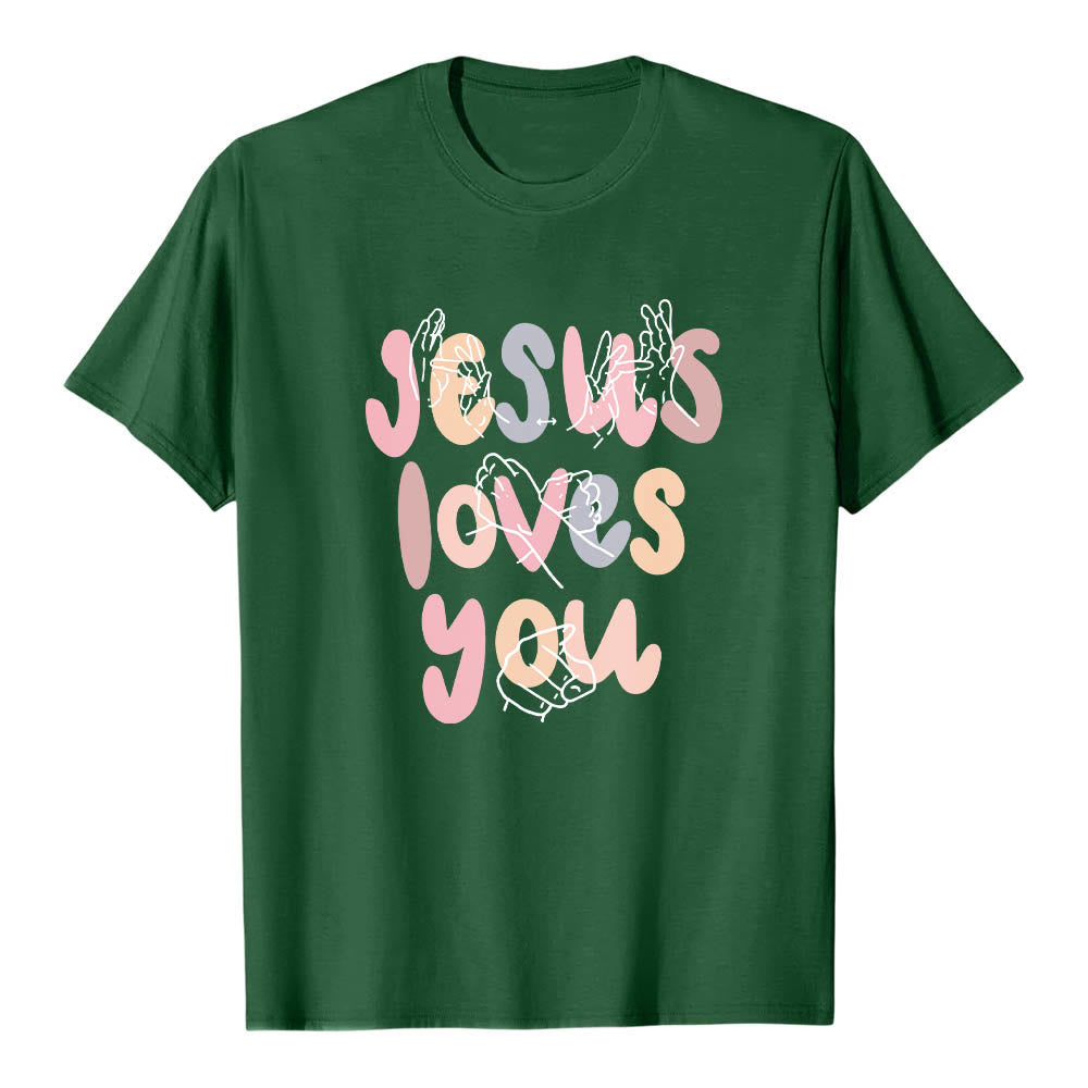 Christianartworkshop Maglietta classica con stampa frontale "Gesù ti ama" e scritta in lettere a bolle, linguaggio dei segni, disegno a mano libera. - Verde scuro - 2XL - image 6