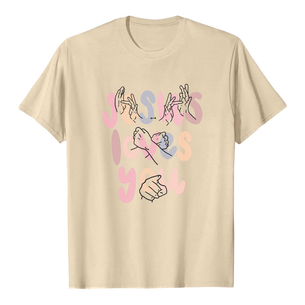 Christianartworkshop Maglietta classica con stampa frontale "Gesù ti ama" e scritta in lettere a bolle, linguaggio dei segni, disegno a mano libera. - Beige - 2XL - image 18